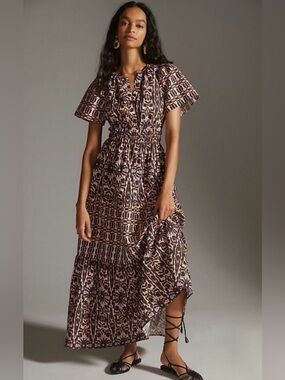 Maeve Somerset Navy, Orange & Cream Geometric Smocked Waist Dress